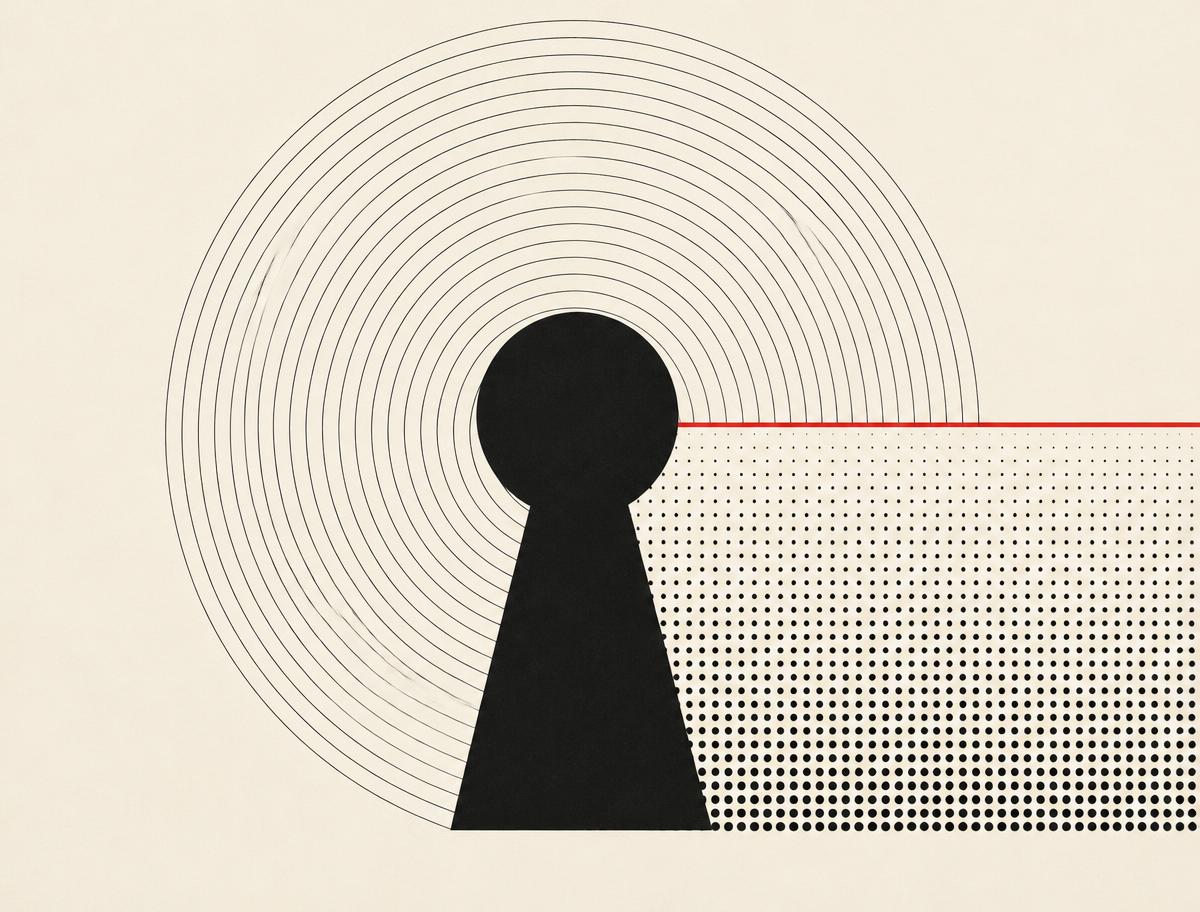 Graphic of concentric access rings around a keyhole shape, representing controlled access to information